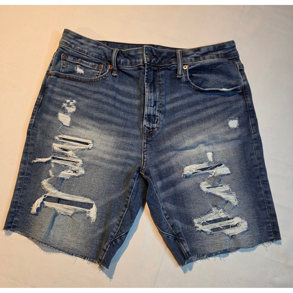 American Eagle Mens Airflex+ Move-Free Athletic Jean Shorts Distressed Blue 33